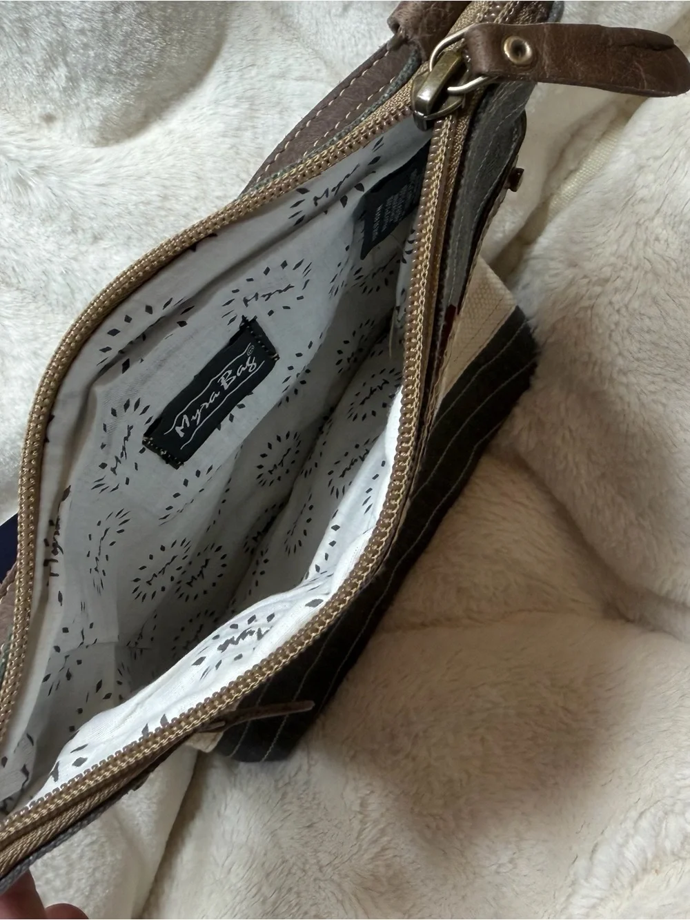NWT Myra Bag Canvas Crossbody with Cream, Charcoal & Brown vineyard Accents